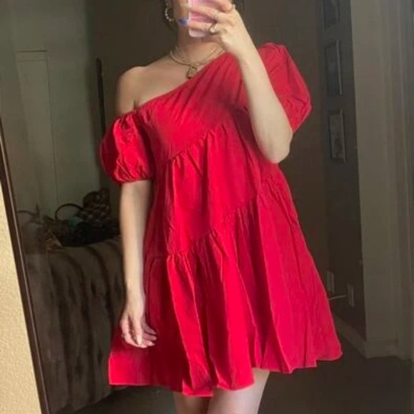 Red Puff Sleeve Ruffle Hem Asymmetrical Neck Smock Dress - Picture 7 of 8
